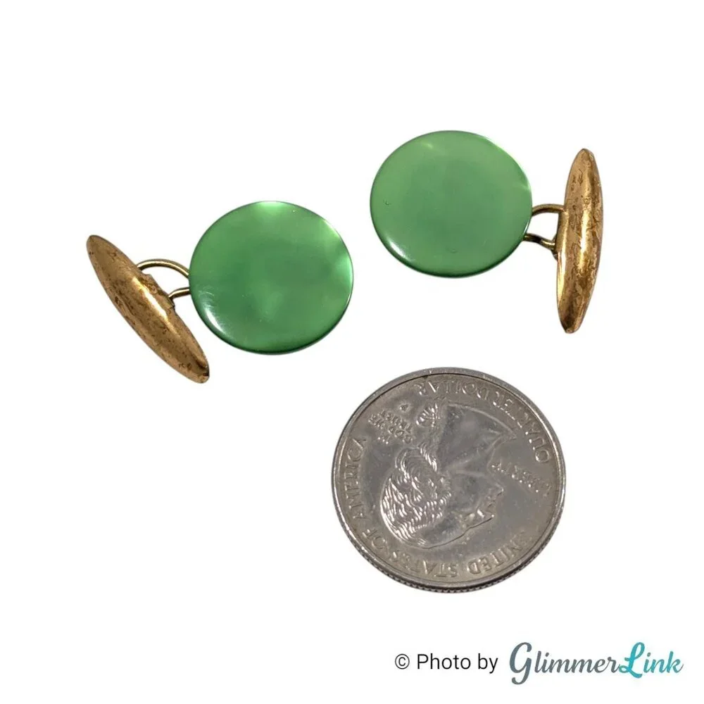 Vintage Green Button Style Cufflinks Gold Tone Mid Century